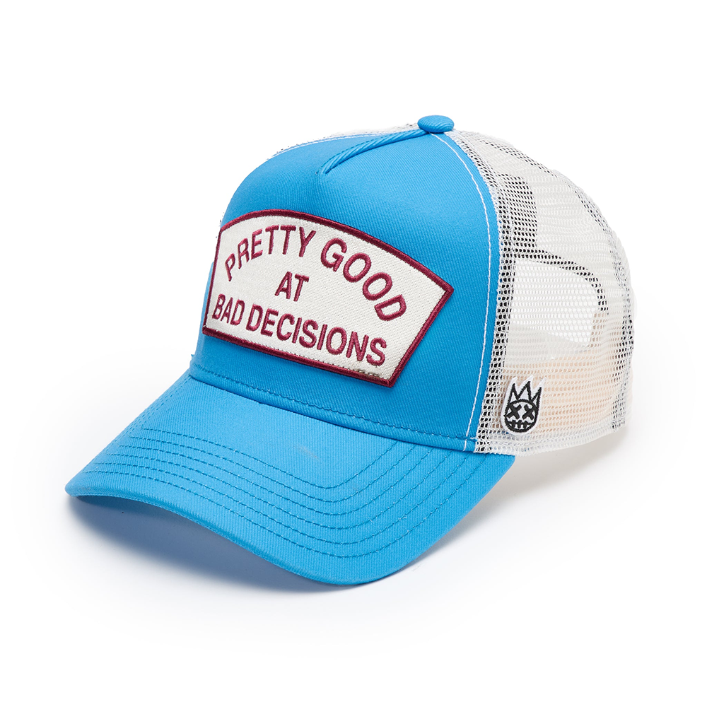 Cult's Logo Mesh Back Trucker Hat "Good At Bad Decisions" in Rhubarb