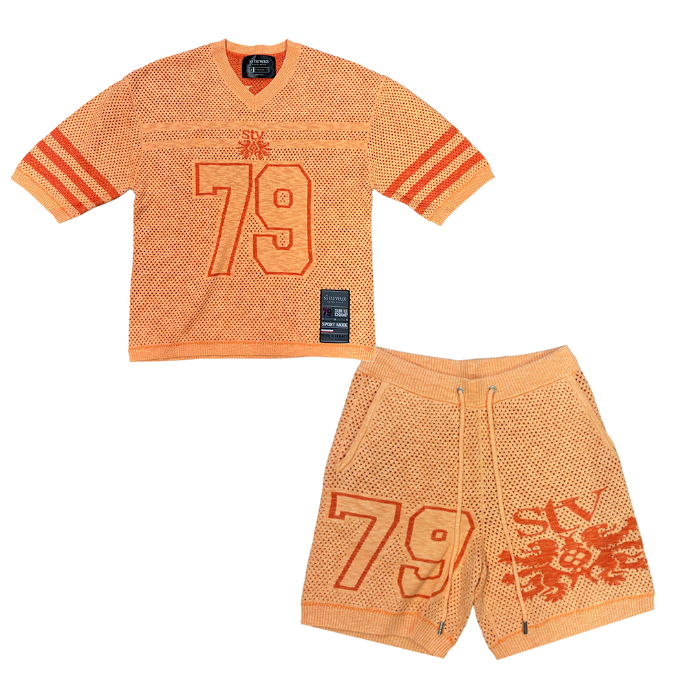 Si Tu Veux Sweater Knit And Football Shorts Set Orange