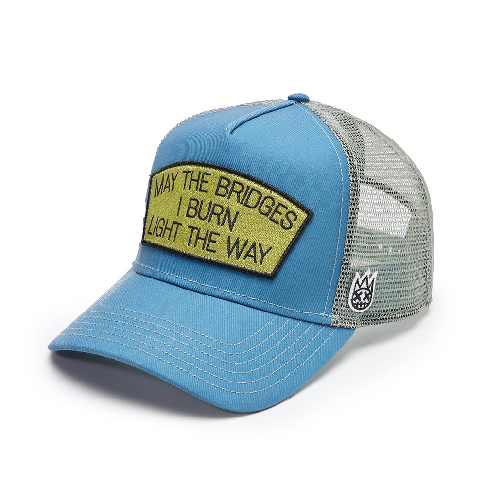 Cult's Logo Mesh Back Trucker Hat "May The Bridges I Burn" in Blue Steel