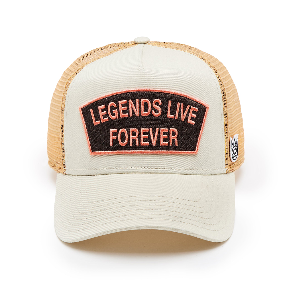 Cult's Logo Mesh Back Trucker Hat "Legends Live Forever" In White Swan